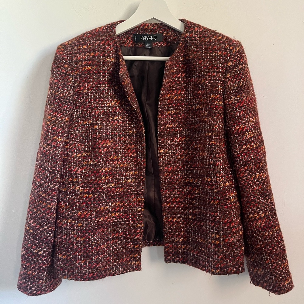 Kasper Open Front Orange Tweed Blazer Jacket Size petite 12 Career Office